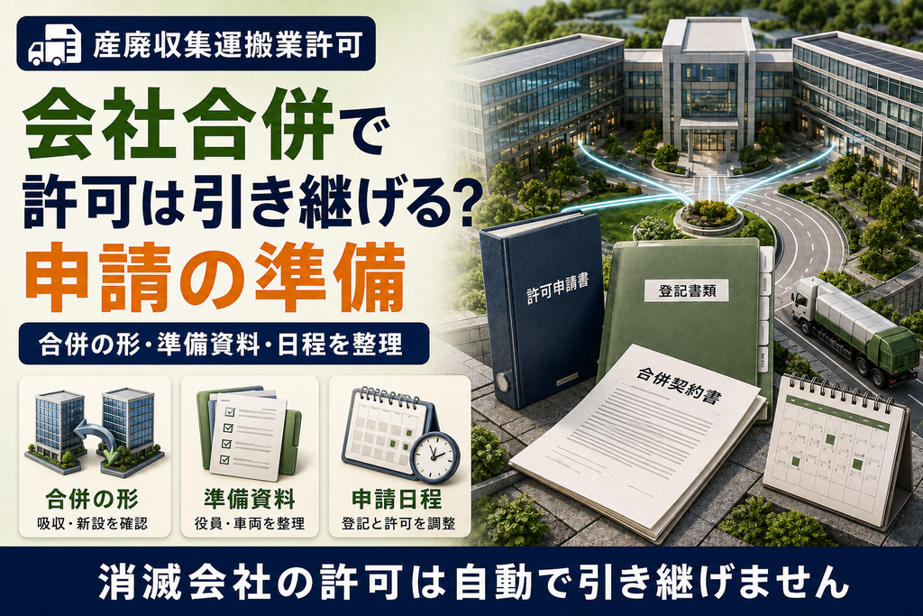 Seeds行政書士事務所(四條畷市)。初回相談60分無料。産廃収集運搬業の合併に伴う許可申請について、吸収合併と新設合併の違いを整理。存続会社の許可範囲、役員・車両の準備資料、設立登記と申請日程の注意点を分かりやすく解説します。